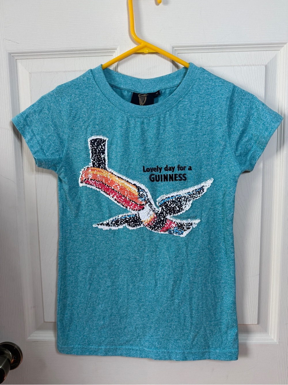 Lovely Day for a Guinness Teal Sequin Toucan Woman’s T-shirt Size XS